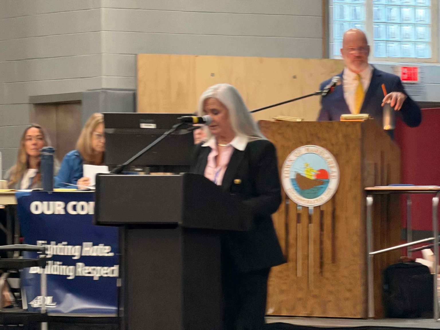 Marblehead Public Works Director Amy McHugh at the lectern.