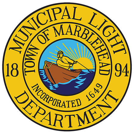 Yellow and blue Marblehead Municipal Light Department seal showing a man rowing a dory