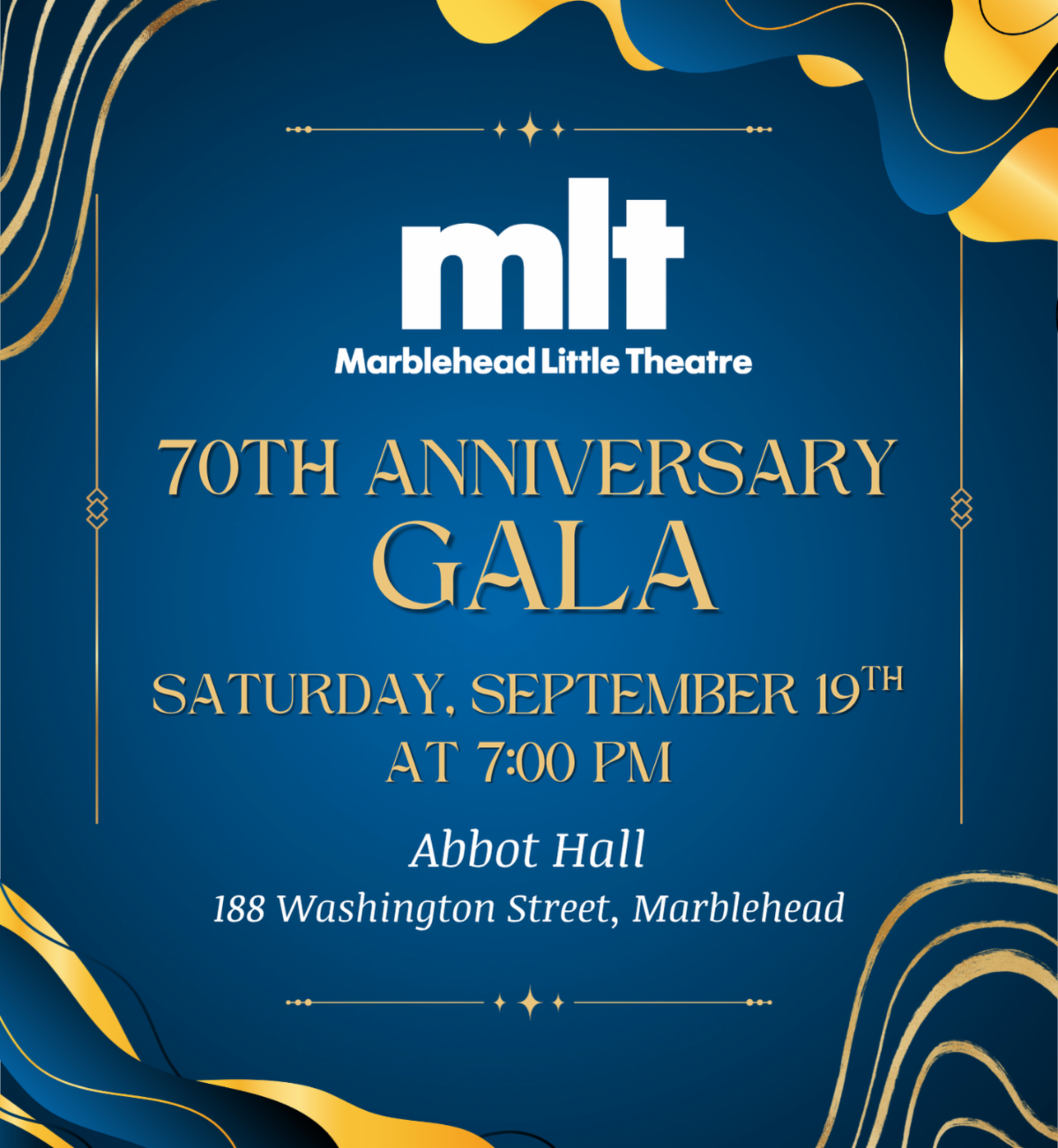 Navy and gold poster with the MLT logo announcing a 70th anniversary gala