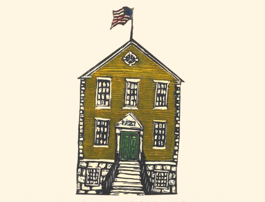 Linocut of the Old Town House, Marblehead